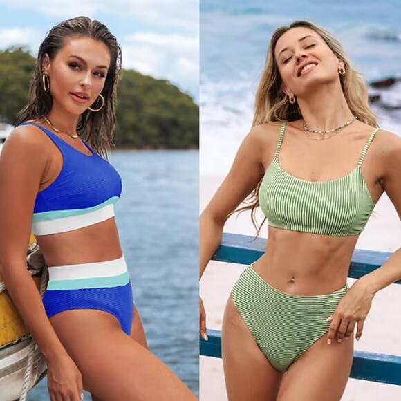 NWT Cupshe Colorblock Bralette & Banded High Waist Bikini Set BUNDLE Size  L - Picture 1 of 6